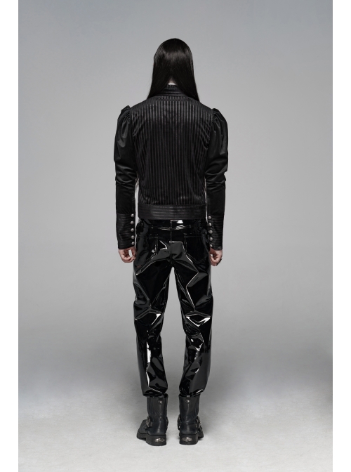 High Collar Front Metal Retro Button Bubble Sleeve Black Stripe Gothic Velvet Short Shirt