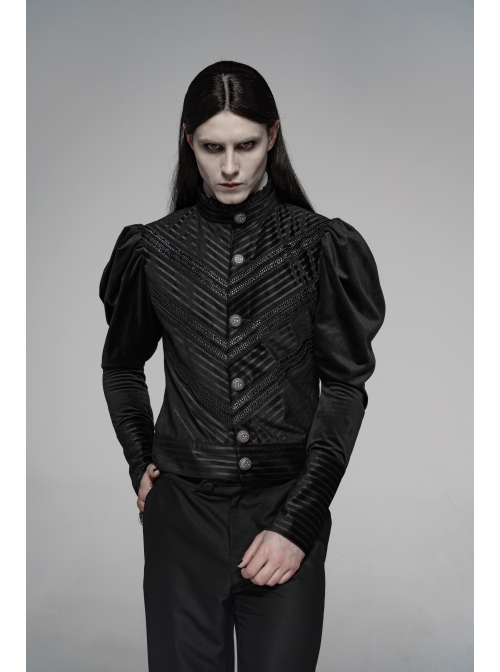 High Collar Front Metal Retro Button Bubble Sleeve Black Stripe Gothic Velvet Short Shirt