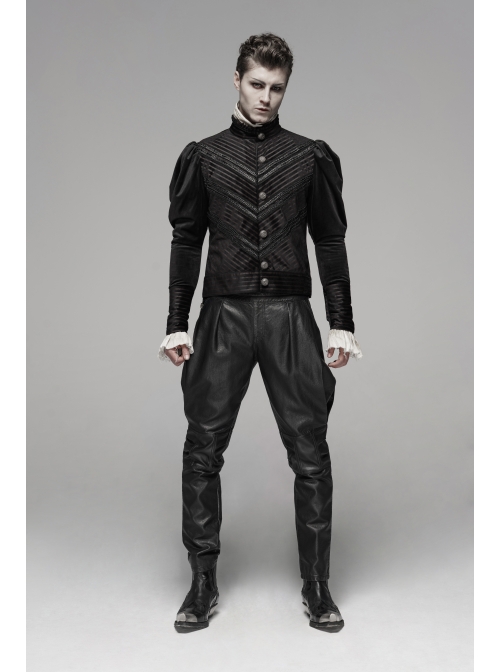 High Collar Front Metal Retro Button Bubble Sleeve Black Stripe Gothic Velvet Short Shirt