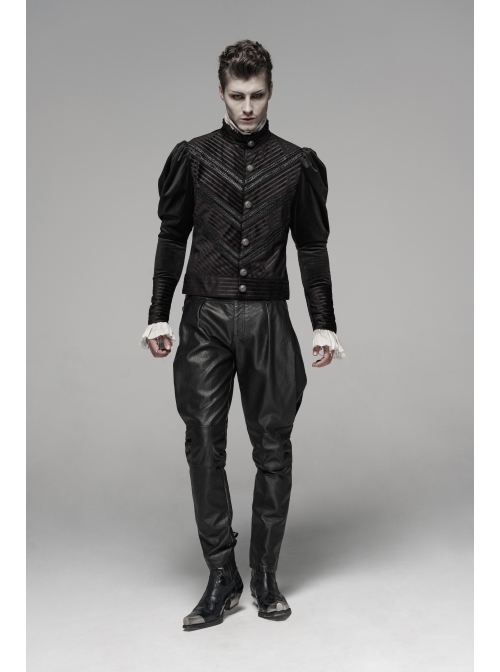 High Collar Front Metal Retro Button Bubble Sleeve Black Stripe Gothic Velvet Short Shirt
