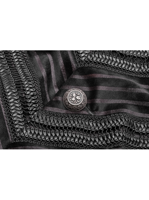 High Collar Front Metal Retro Button Bubble Sleeve Black Stripe Gothic Velvet Short Shirt