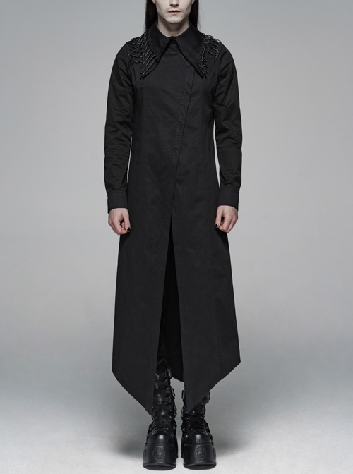Irregular Collar Back Metal Eyelets Lace-Up Long Sleeve Black Gothic Long Shirt