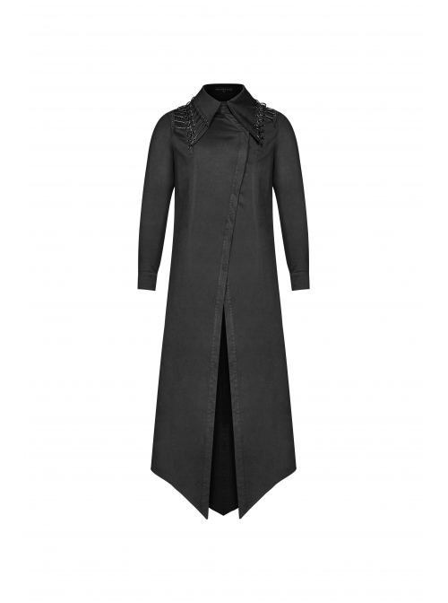 Irregular Collar Back Metal Eyelets Lace-Up Long Sleeve Black Gothic Long Shirt