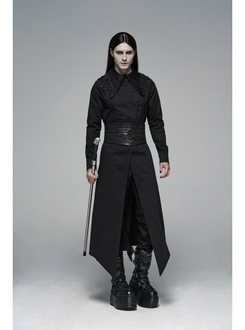 Irregular Collar Back Metal Eyelets Lace-Up Long Sleeve Black Gothic Long Shirt