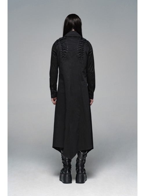 Irregular Collar Back Metal Eyelets Lace-Up Long Sleeve Black Gothic Long Shirt