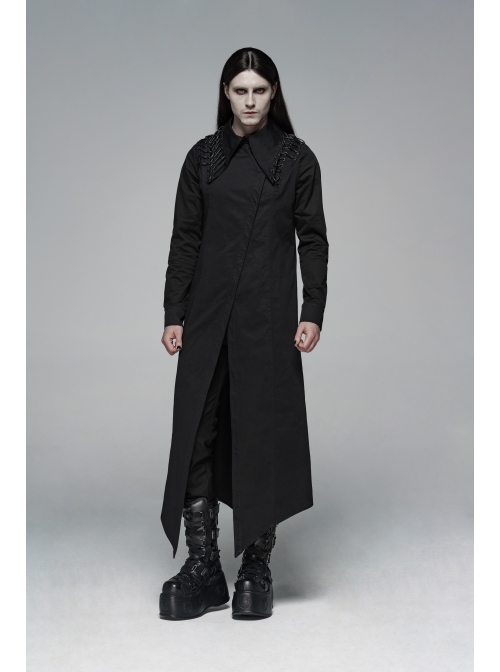 Irregular Collar Back Metal Eyelets Lace-Up Long Sleeve Black Gothic Long Shirt
