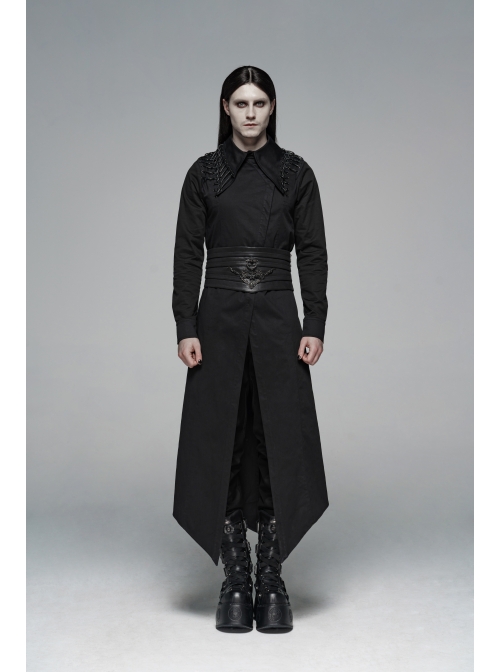 Irregular Collar Back Metal Eyelets Lace-Up Long Sleeve Black Gothic Long Shirt
