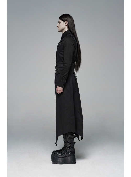 Irregular Collar Back Metal Eyelets Lace-Up Long Sleeve Black Gothic Long Shirt
