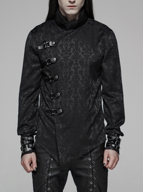 Stand-Up Collar Oblique Placket Metal Buckle Leather Hasp Cuff Black Punk Dragon Satin Jacquard Chinoiserie Shirt