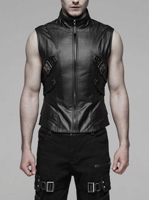 Stand-Up Collar Side Metal Rivet Leather Hasp Black Punk Vest