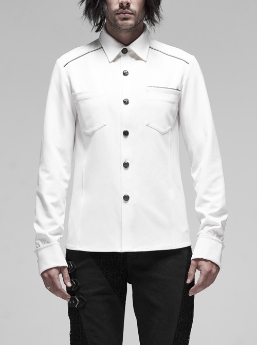 Front Metal Retro Button Intersected Metal Decoration White Punk Woven Shirt