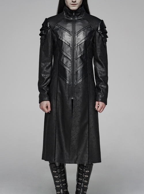 Stand-Up Collar Metal Zipper Front Chest Armor-Shape Decoration Black Punk Long Jacket