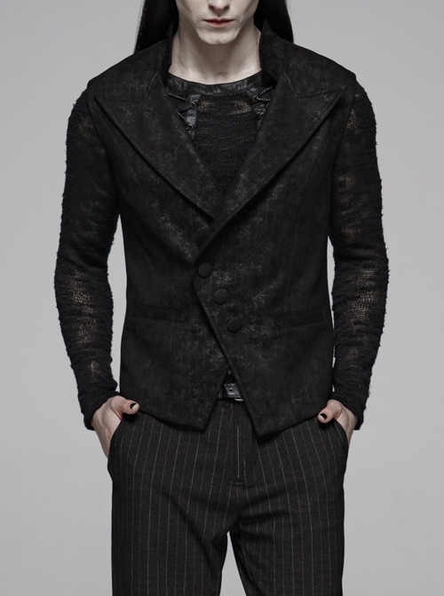 Front Diagonal Row Buttons Back Waist Hasp Black Gothic Floral Suede Waistcoat