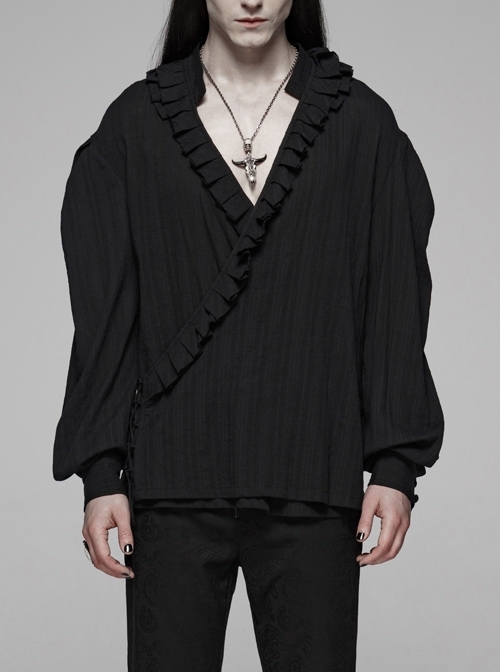 V-Neck Front Chest Frill Long Sleeve Black Gothic Floral Cotton-Linen Loose Shirt