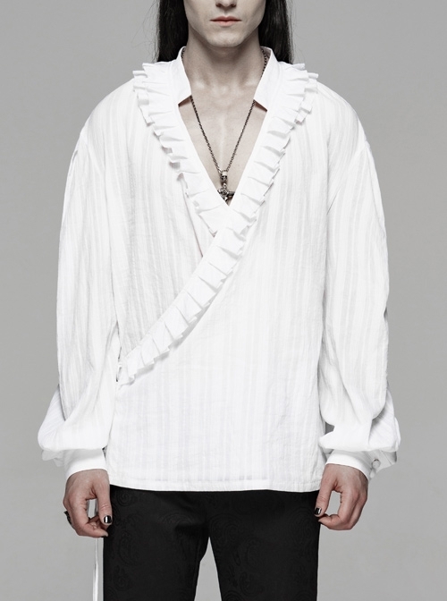 V-Neck Front Chest Frill Long Sleeve White Gothic Floral Cotton-Linen Loose Shirt