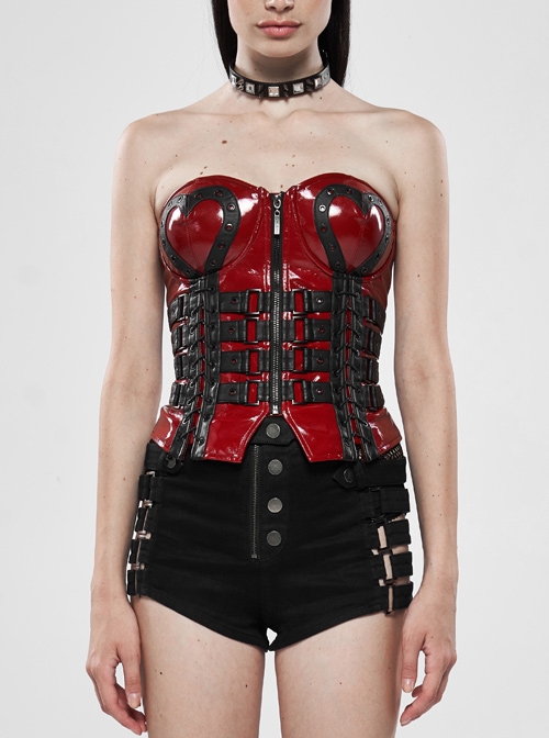 Metal Eyelets Strap Front Chest Zipper Back Waist Lace-Up Red Punk Patent Leather Corset