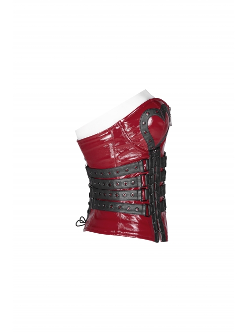 Metal Eyelets Strap Front Chest Zipper Back Waist Lace-Up Red Punk Patent Leather Corset