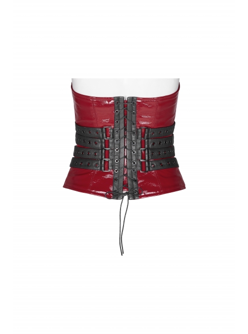 Metal Eyelets Strap Front Chest Zipper Back Waist Lace-Up Red Punk Patent Leather Corset