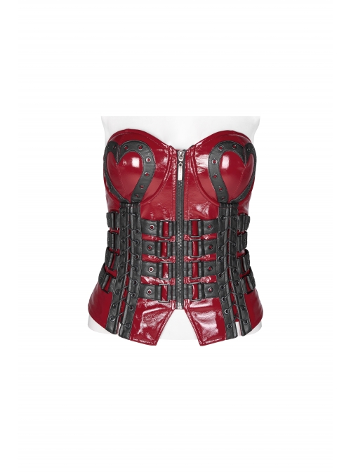 Metal Eyelets Strap Front Chest Zipper Back Waist Lace-Up Red Punk Patent Leather Corset