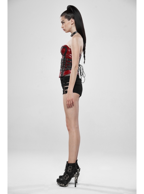 Metal Eyelets Strap Front Chest Zipper Back Waist Lace-Up Red Punk Patent Leather Corset