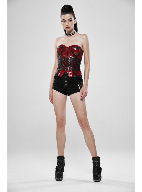 Metal Eyelets Strap Front Chest Zipper Back Waist Lace-Up Red Punk Patent Leather Corset
