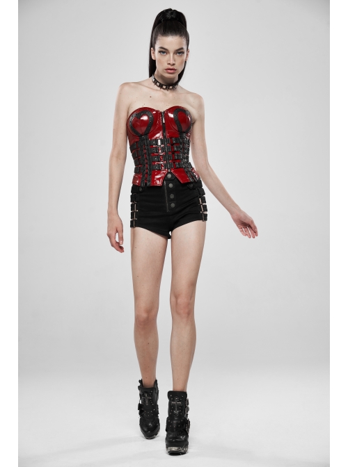 Metal Eyelets Strap Front Chest Zipper Back Waist Lace-Up Red Punk Patent Leather Corset