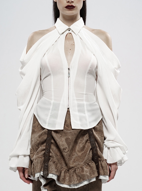 Off-Shoulder Front Chest Hollow-Out Crystal Pendant Flare Sleeve Back Waist Lace-Up White Gothic Chiffon Blouse
