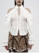 Off-Shoulder Front Chest Hollow-Out Crystal Pendant Flare Sleeve Back Waist Lace-Up White Gothic Chiffon Blouse