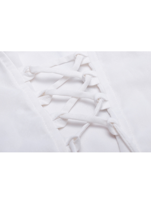 Off-Shoulder Front Chest Hollow-Out Crystal Pendant Flare Sleeve Back Waist Lace-Up White Gothic Chiffon Blouse