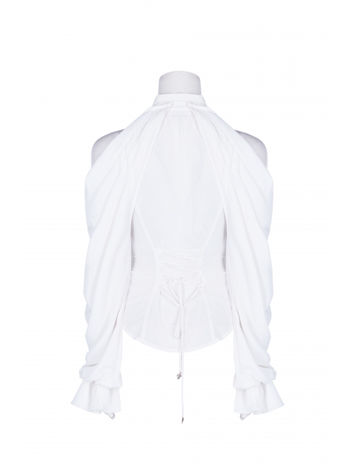 Off-Shoulder Front Chest Hollow-Out Crystal Pendant Flare Sleeve Back Waist Lace-Up White Gothic Chiffon Blouse