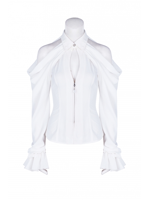 Off-Shoulder Front Chest Hollow-Out Crystal Pendant Flare Sleeve Back Waist Lace-Up White Gothic Chiffon Blouse