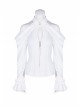 Off-Shoulder Front Chest Hollow-Out Crystal Pendant Flare Sleeve Back Waist Lace-Up White Gothic Chiffon Blouse