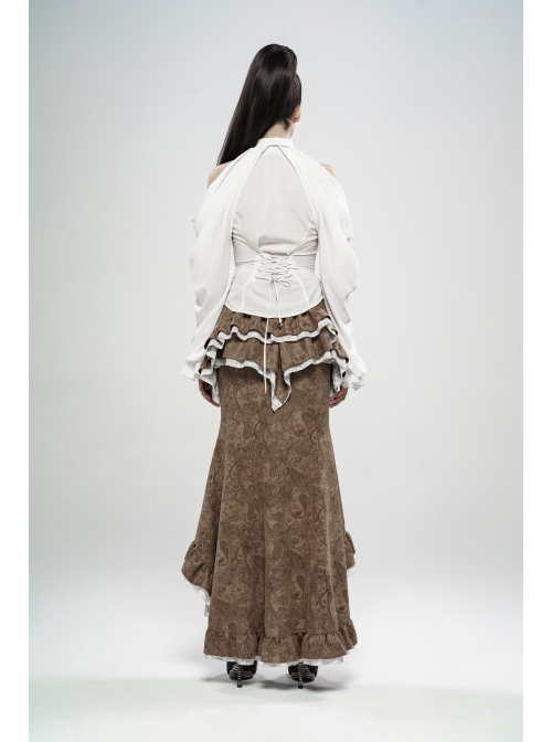 Off-Shoulder Front Chest Hollow-Out Crystal Pendant Flare Sleeve Back Waist Lace-Up White Gothic Chiffon Blouse