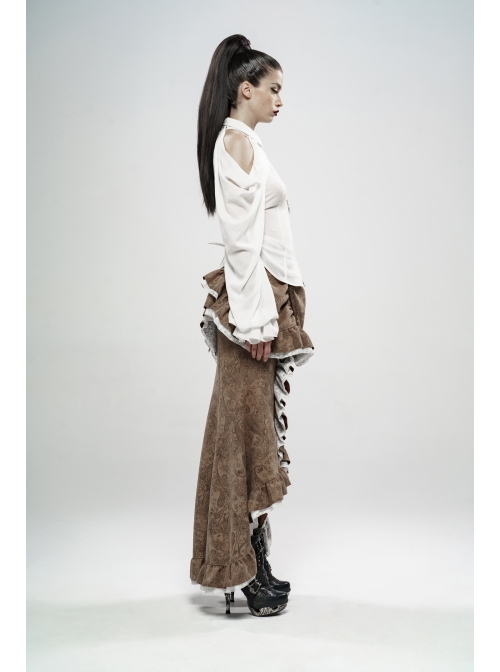 Off-Shoulder Front Chest Hollow-Out Crystal Pendant Flare Sleeve Back Waist Lace-Up White Gothic Chiffon Blouse