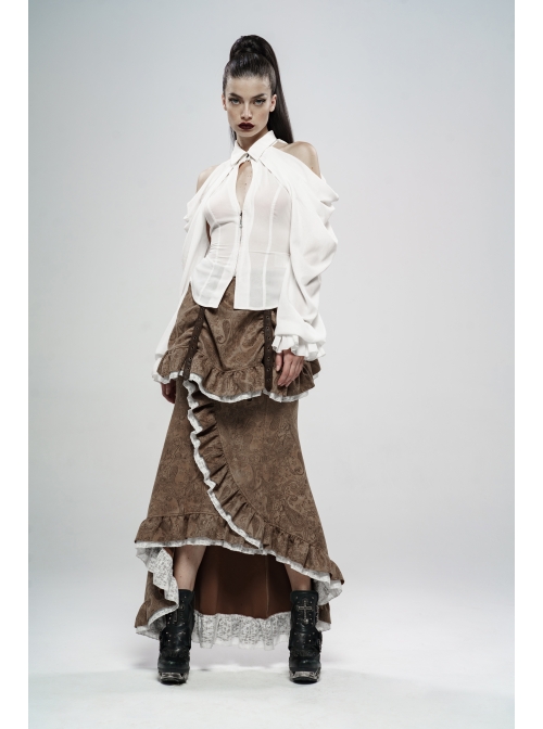 Off-Shoulder Front Chest Hollow-Out Crystal Pendant Flare Sleeve Back Waist Lace-Up White Gothic Chiffon Blouse