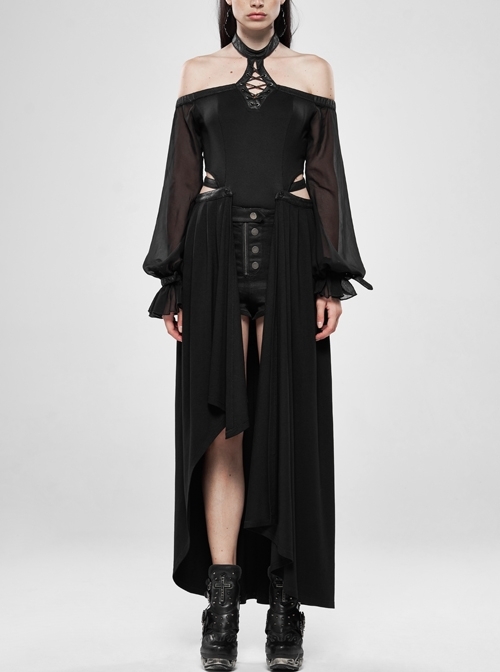 Off-Shoulder Front Chest Lace-Up Lantern Sleeve Black Punk Chiffon Halter Long Dress