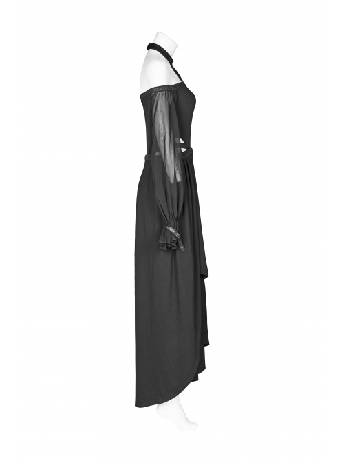 Off-Shoulder Front Chest Lace-Up Lantern Sleeve Black Punk Chiffon Halter Long Dress