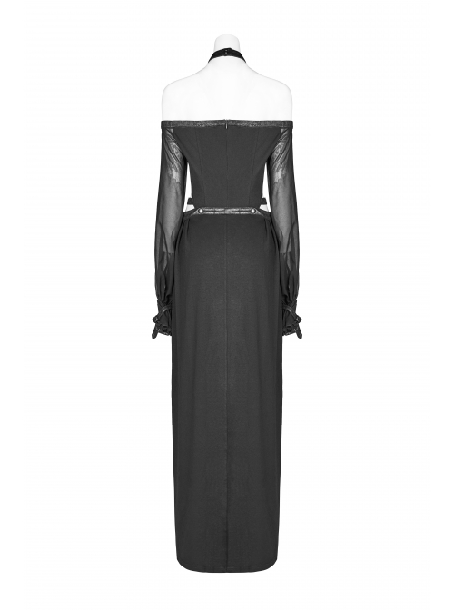 Off-Shoulder Front Chest Lace-Up Lantern Sleeve Black Punk Chiffon Halter Long Dress