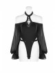 Off-Shoulder Front Chest Lace-Up Lantern Sleeve Black Punk Chiffon Halter Long Dress