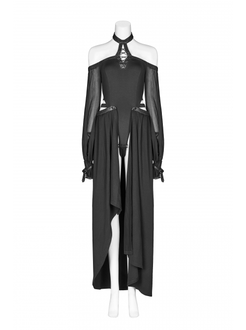 Off-Shoulder Front Chest Lace-Up Lantern Sleeve Black Punk Chiffon Halter Long Dress