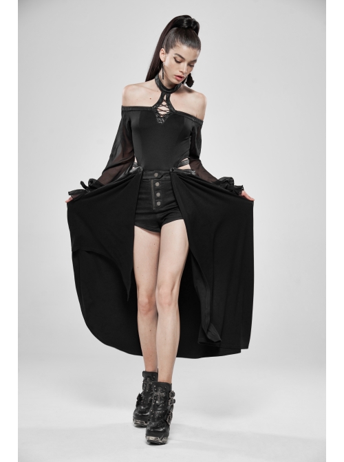Off-Shoulder Front Chest Lace-Up Lantern Sleeve Black Punk Chiffon Halter Long Dress