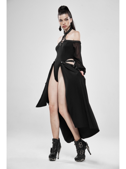 Off-Shoulder Front Chest Lace-Up Lantern Sleeve Black Punk Chiffon Halter Long Dress