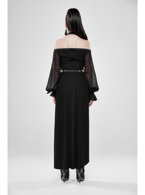 Off-Shoulder Front Chest Lace-Up Lantern Sleeve Black Punk Chiffon Halter Long Dress