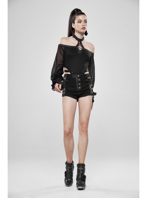 Off-Shoulder Front Chest Lace-Up Lantern Sleeve Black Punk Chiffon Halter Long Dress