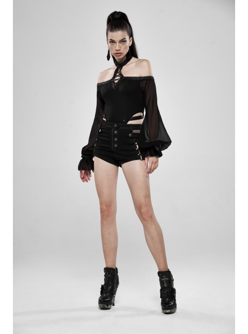 Off-Shoulder Front Chest Lace-Up Lantern Sleeve Black Punk Chiffon Halter Long Dress