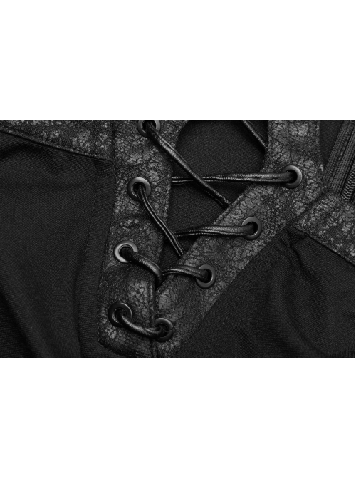 Off-Shoulder Front Chest Lace-Up Lantern Sleeve Black Punk Chiffon Halter Long Dress