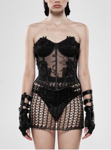Three-Dimensional Decals Back Waist Lace-Up Black Gothic Embroidery Mesh Corset