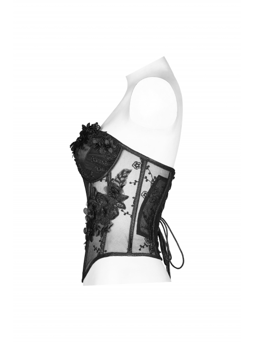Three-Dimensional Decals Back Waist Lace-Up Black Gothic Embroidery Mesh Corset