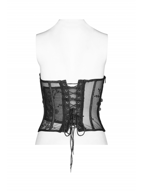 Three-Dimensional Decals Back Waist Lace-Up Black Gothic Embroidery Mesh Corset
