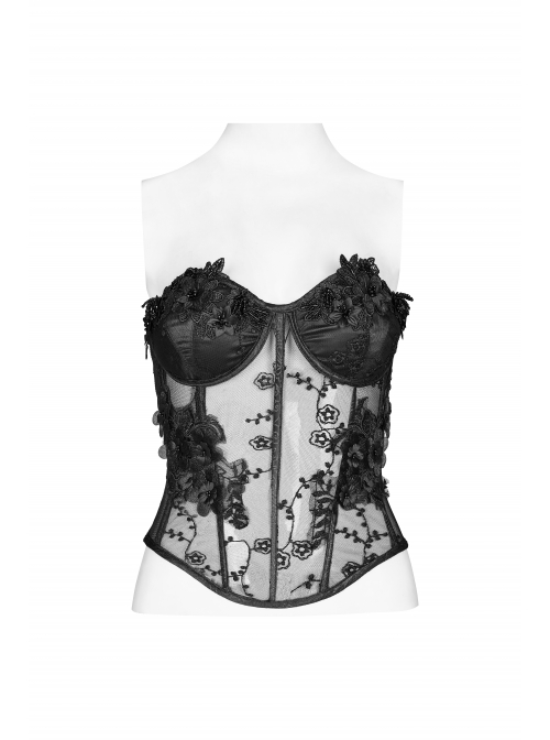 Three-Dimensional Decals Back Waist Lace-Up Black Gothic Embroidery Mesh Corset